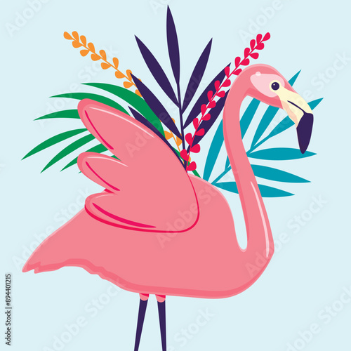 Cute pink flamingo with blue background.Palm leaves, esotic plants. Vector illustration of a bird on a blue background. Flat illustration. cartoon style.EPS10