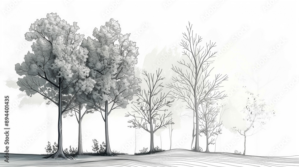 custom made wallpaper toronto digitalminimalistic black and white line drawing of various trees on a landscape with delicate and intricate details