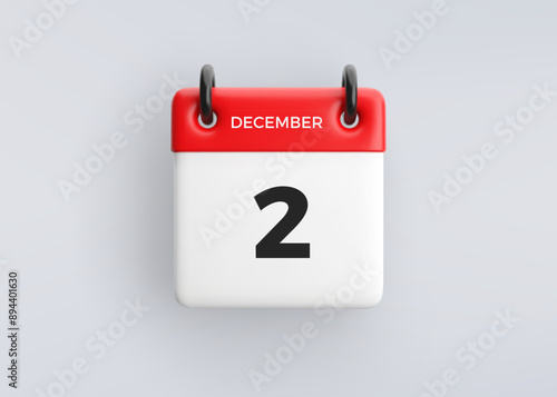 3D calendar icon with date 2 December on grey background. Vector schedule symbol.