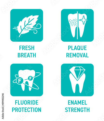 Toothpaste square icons - Fresh breath, Plaque removal, Fluoride protection, Enamel strength