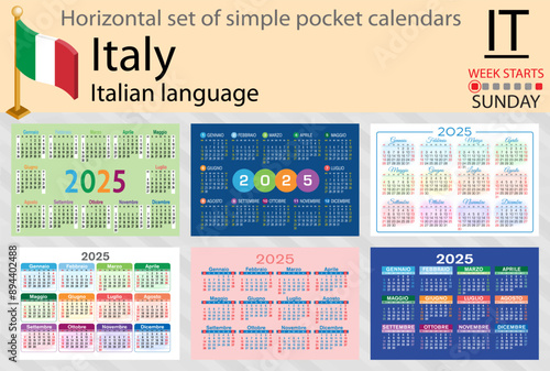 Italian horizontal set of pocket calendar for 2025. Week starts Sunday