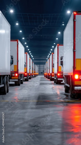 Nighttime logistics scene featuring delivery vehicles departing a warehouse filled with dispatched packages, showcasing efficient operations and ample space for additional text.