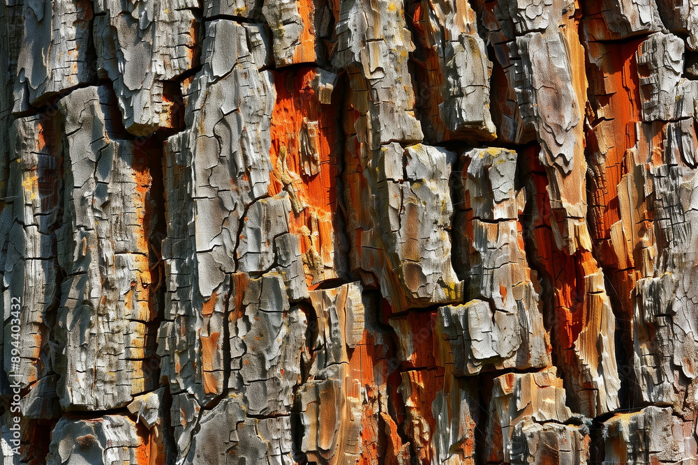 Obraz premium close-up of textured tree bark with rich orange and gray tones highlighting the rugged natural patterns