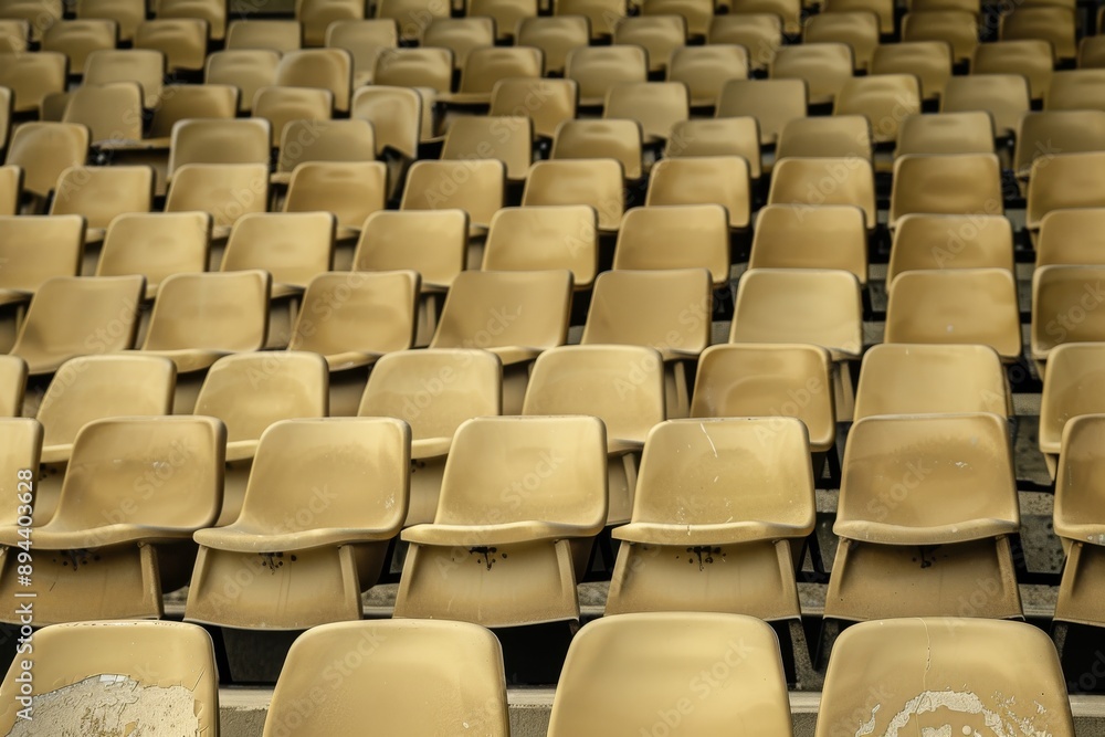 Fototapeta premium Close-up taken of empty blue stadium seats with no people around. Beautiful simple AI generated image in 4K, unique.