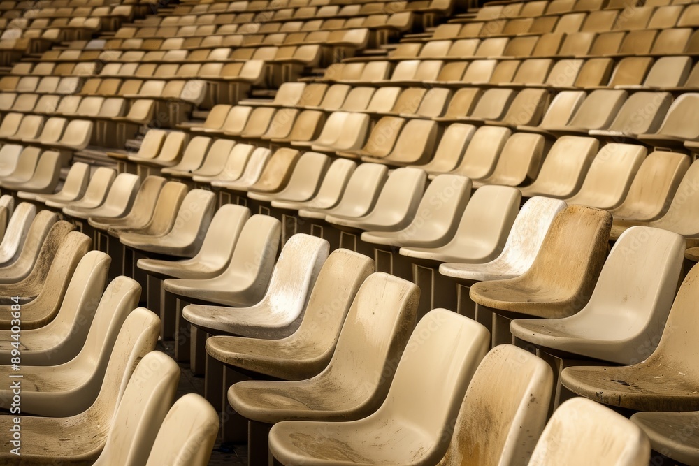 Fototapeta premium Empty stands and seats for fans and fans in the open-air stadium. Lack of fans during the pandemic.. Beautiful simple AI generated image in 4K, unique.