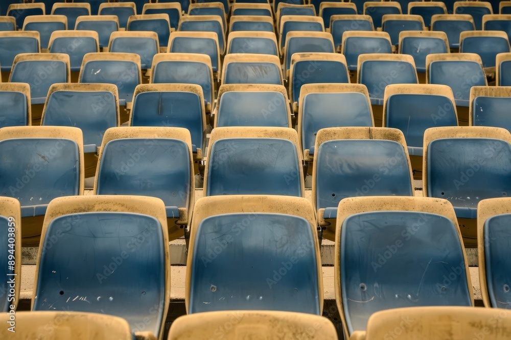Fototapeta premium Close-up taken of empty blue stadium seats with no people around. Beautiful simple AI generated image in 4K, unique.