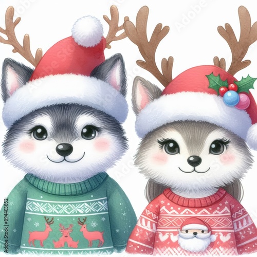 Two adorable cartoon wolves wearing Christmas sweaters and hats, perfect for holiday cards and decorations.