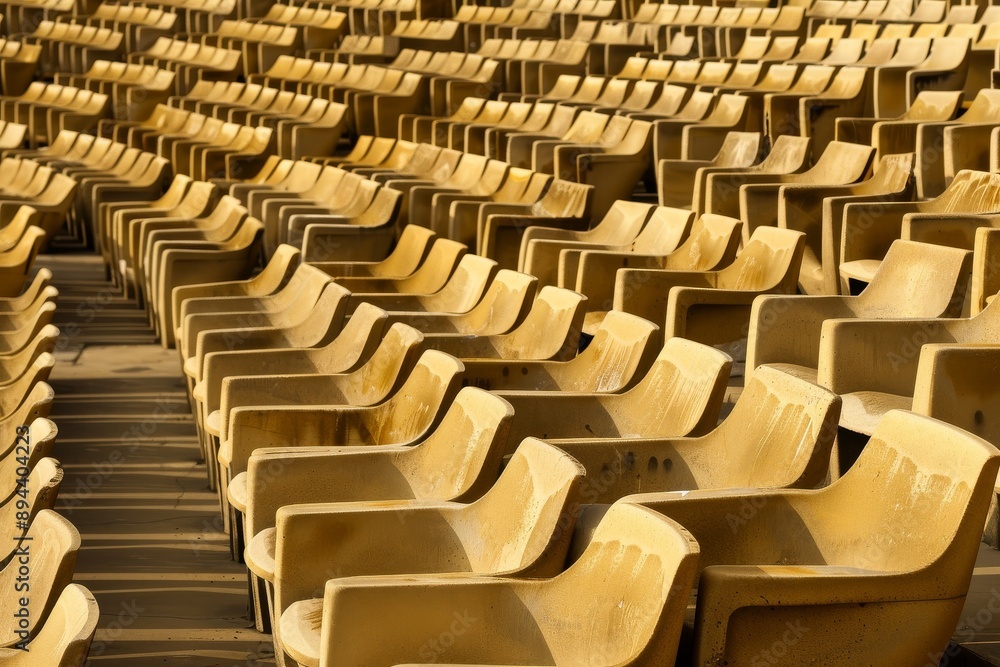 Fototapeta premium Empty stands and seats for fans and fans in the open-air stadium. Lack of fans during the pandemic.. Beautiful simple AI generated image in 4K, unique.