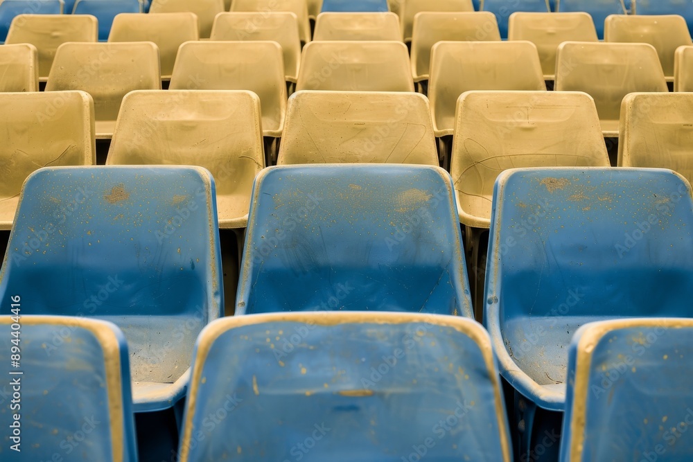 Fototapeta premium Empty stands and seats for fans and fans in the open-air stadium. Lack of fans during the pandemic.. Beautiful simple AI generated image in 4K, unique.