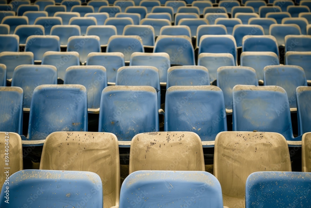 Obraz premium Close-up taken of empty blue stadium seats with no people around. Beautiful simple AI generated image in 4K, unique.