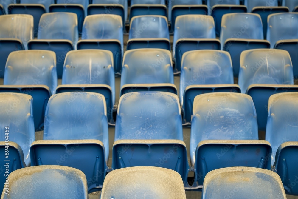 Naklejka premium Empty snow-covered stands of the stadium. Beautiful simple AI generated image in 4K, unique.