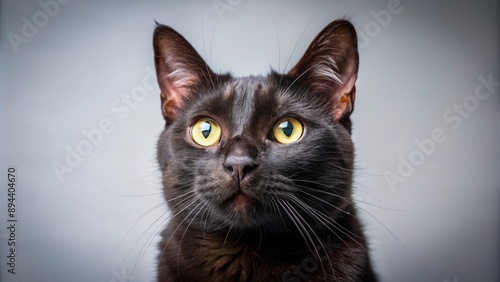 Mysterious black feline with piercing bright eyes gazes upwards against a transparent isolated background in sharp focus.