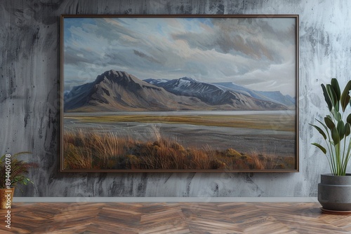 ai generative landscape painting frame on the living room wall