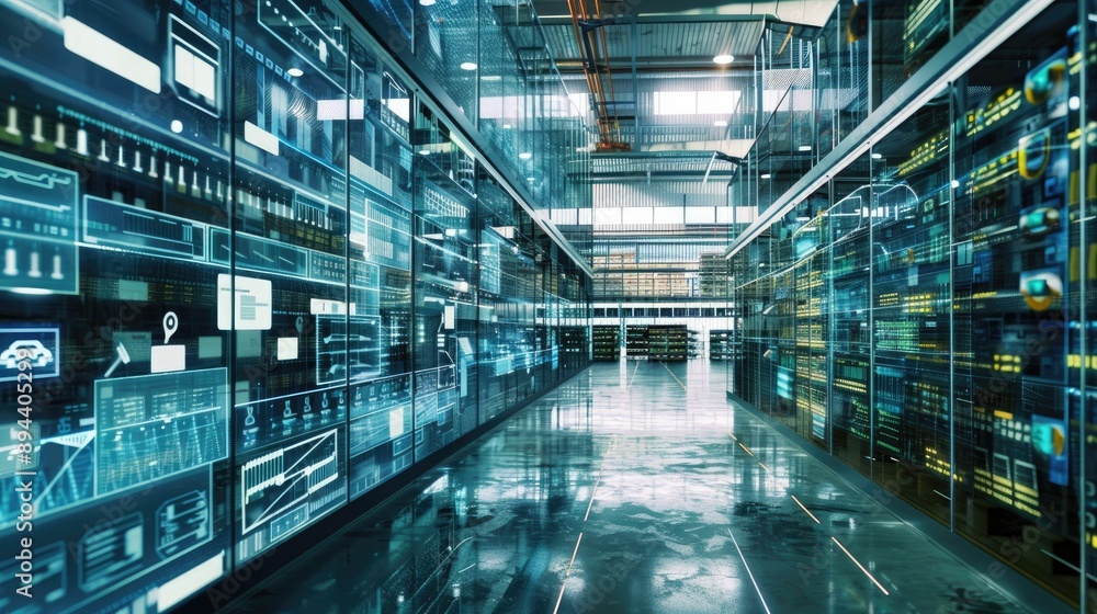 Interior of a futuristic warehouse with digital inventory displays Interior of a futuristic warehouse with digital inventory displays
