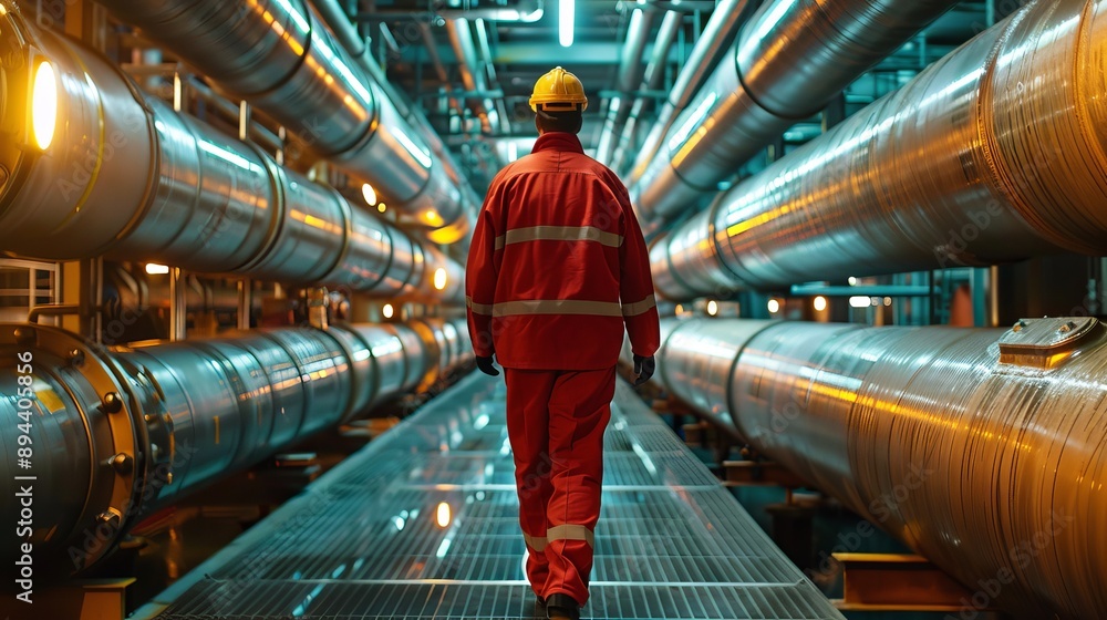 Worker Walking Through Industrial Pipes Worker Walking Through Industrial Pipes