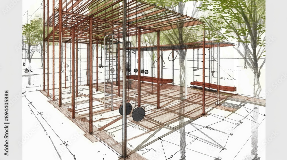 Outdoor gym: architectural drawing of a fitness park, metal, rubber, space, exercise equipment, trees, sunshade, elevation view Outdoor gym: architectural drawing of a fitness park, metal, rubber, space, exercise equipment, trees, sunshade, elevation view