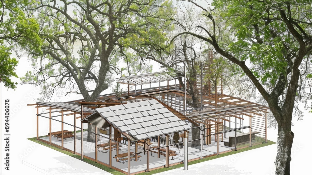 Public park pavilion: architectural drawing of a park shelter, wood, steel, space, picnic tables, trees, solar panels, elevation view Public park pavilion: architectural drawing of a park shelter, wood, steel, space, picnic tables, trees, solar panels, elevation view