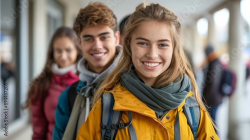 A group of people standing in a line smiling and laughing, AI