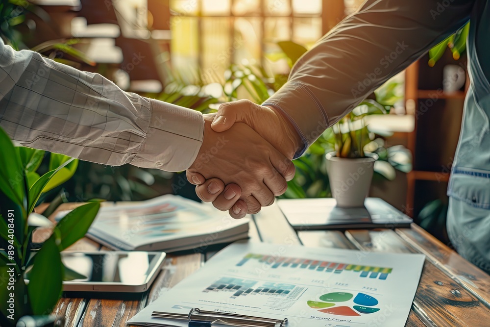 Professional handshake between colleagues with financial reports Professional handshake between colleagues with financial reports