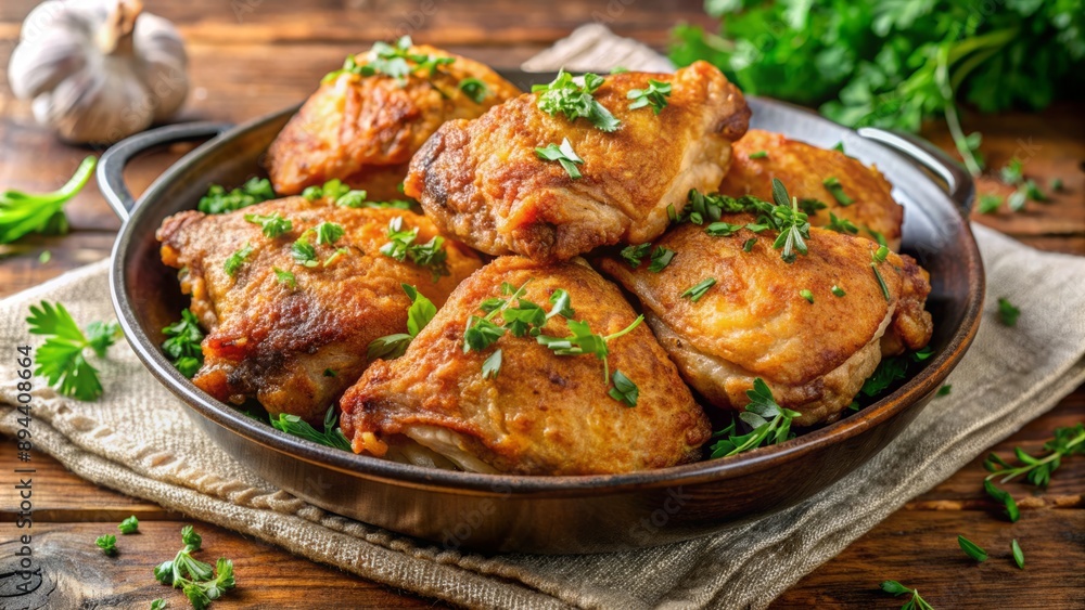 Golden brown fried chicken thighs, crispy on the outside, juicy on the inside, garnished with fresh parsley and thyme leaves. Golden brown fried chicken thighs, crispy on the outside, juicy on the inside, garnished with fresh parsley and thyme leaves.