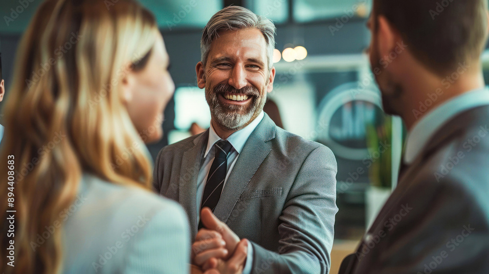 Cheerful businesspeople shaking hands in office Cheerful businesspeople shaking hands in office