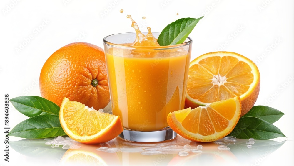Freshly squeezed glass of vibrant orange juice with condensation and few slices of orange, isolated on a transparent background. Freshly squeezed glass of vibrant orange juice with condensation and few slices of orange, isolated on a transparent background.