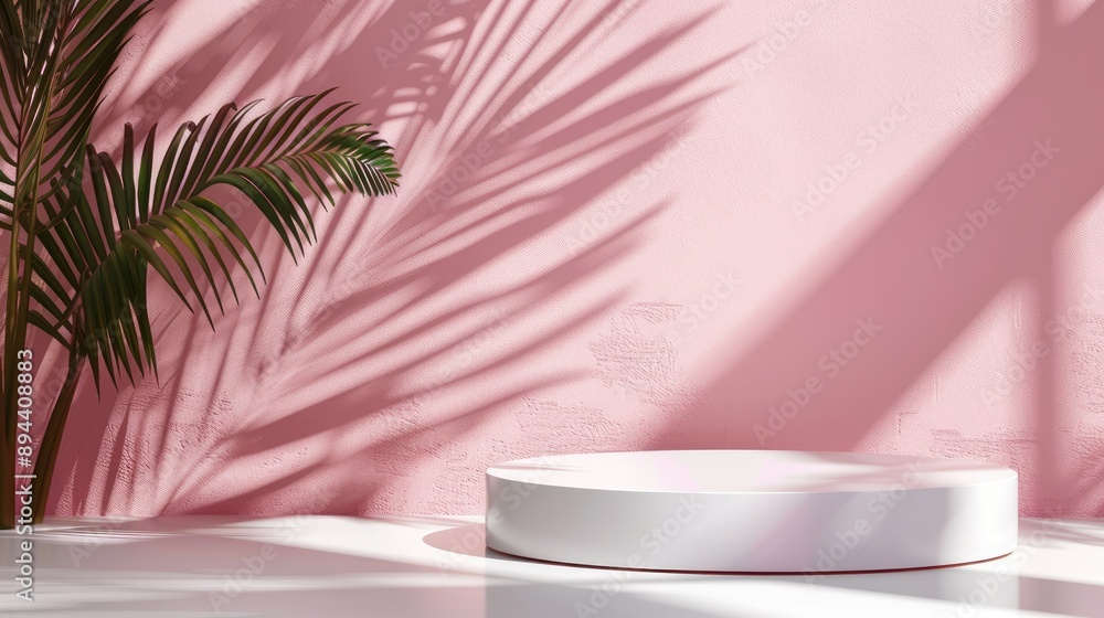 Elegant backdrop for showcasing cosmetics: luxury podium with tropical palm shadows, pink wall, and white surface. Elegant backdrop for showcasing cosmetics: luxury podium with tropical palm shadows, pink wall, and white surface.