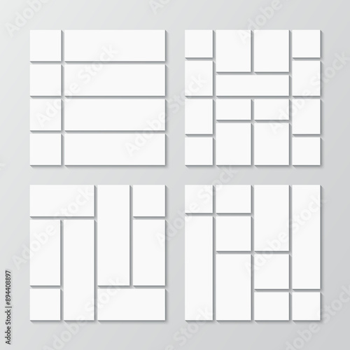 Mood board frame. Moodboard templates set. Collection of mosaic pictures grid. Photo collage layout. Portfolio images isolated on gray background. Album brandboard. Vector illustration