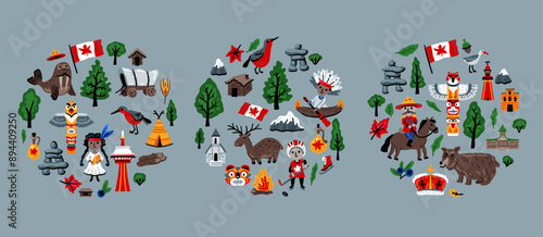 Canada vector travel symbols set round banners. Collection of national canadian icons. Set of design elements in a hand-drawn style. Tourism. Children's doodle illustration for concept art 