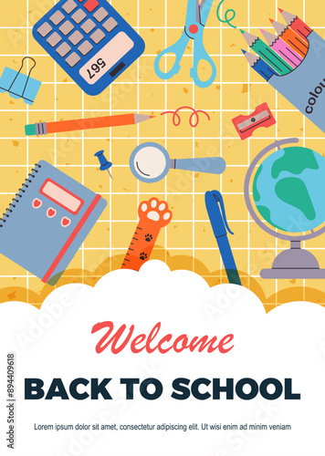 Colorful Back to school banner template. Vector poster with cute school supplies, stationery on checkered background.  Perfect for flyers, cards, social media, advertisements, web ads, print, sale 