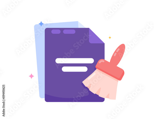 cleaning application concept. software to clean junk files and cache. junk cleaner and storage or memory optimizer. illustration of a broom or brush with a document symbol. flat style design. graphic 