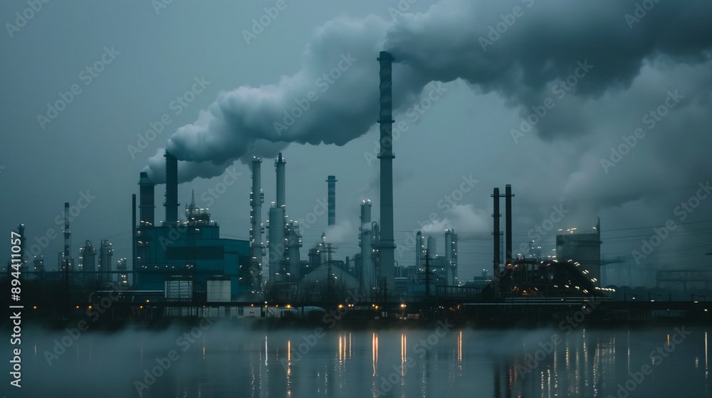 industrial plant with smoke billowing from its chimneys, representing the effects on air quality and global warming due to petrochemical production. industrial plant with smoke billowing from its chimneys, representing the effects on air quality and global warming due to petrochemical production.