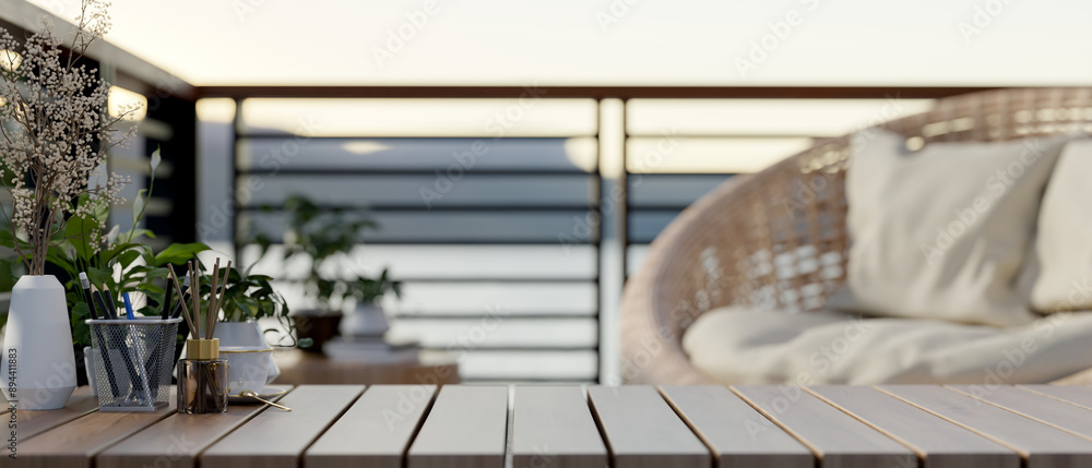 A close-up image of a space for displaying products on a wooden coffee tabletop on a home balcony. A close-up image of a space for displaying products on a wooden coffee tabletop on a home balcony.