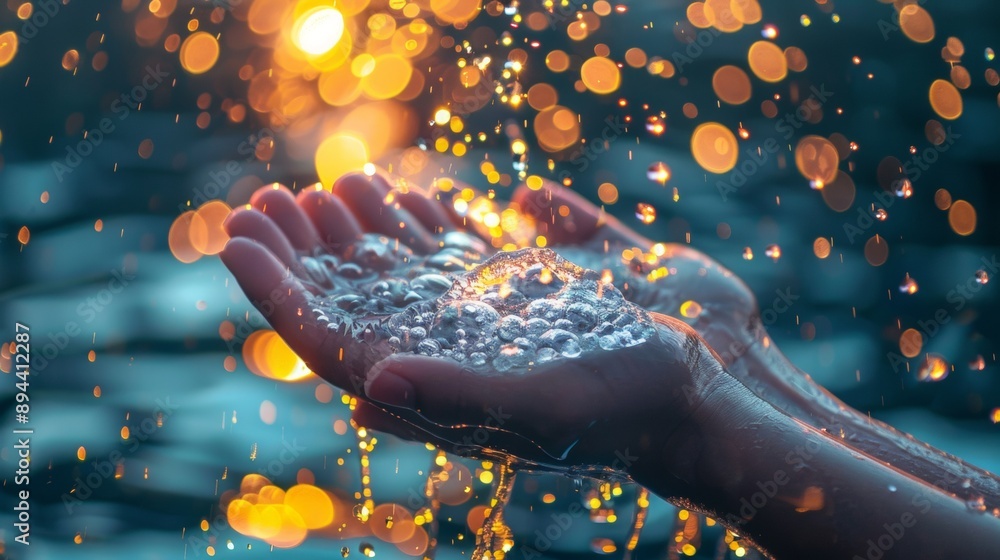 Hands Holding Water with Golden Light Hands Holding Water with Golden Light