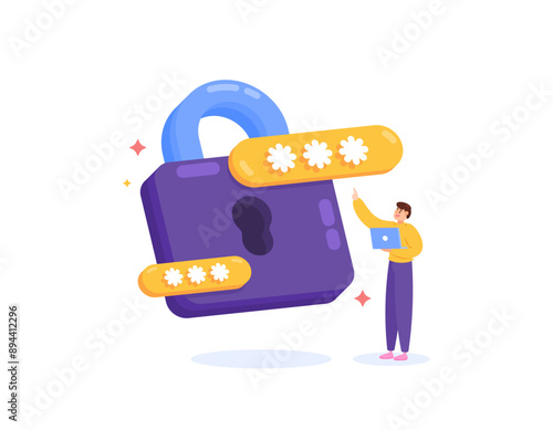 security password concept. safety and user protection technology. authentication and locking system. illustration of man with padlock and password symbol. flat style design. graphic elements