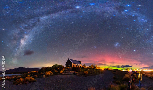 Photos Milky Way, Nebula, Aurora Australis glowing over Church of the Good Shepherd at