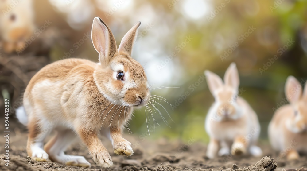 Rabbits hopping in an open space, movement and liveliness Rabbits hopping in an open space, movement and liveliness