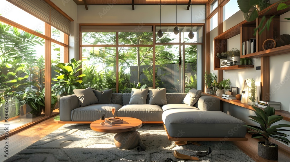 Fototapeta premium Living room with gray sofa surrounded by wood