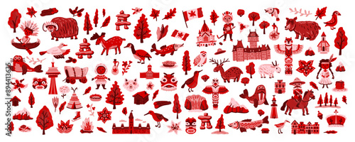 Canada vector travel symbols set. Collection of national canadian icons. Set of design elements in a hand-drawn style. Tourism. Children's doodle illustration for concept art 