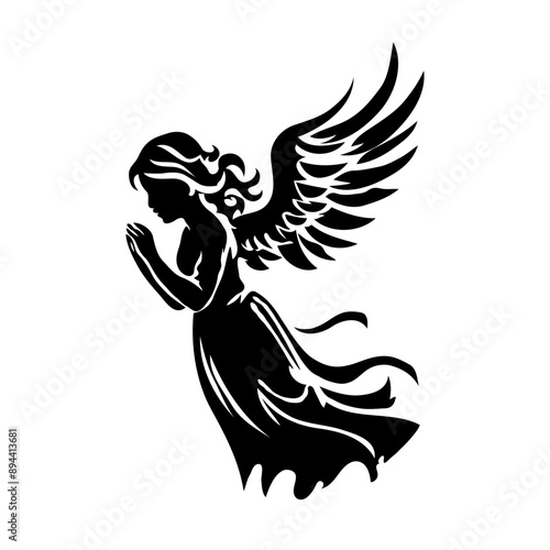 A silhouette of Christmas angel with wings is praying. The angel is wearing a dress and has her hands clasped together. Vector illustration