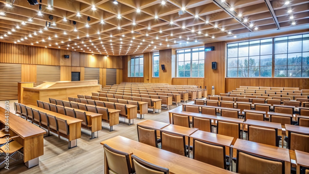 Empty university lecture hall with wooden chairs, tables, and a podium, illuminated by natural light, for educational events, seminars, and conferences. Empty university lecture hall with wooden chairs, tables, and a podium, illuminated by natural light, for educational events, seminars, and conferences.