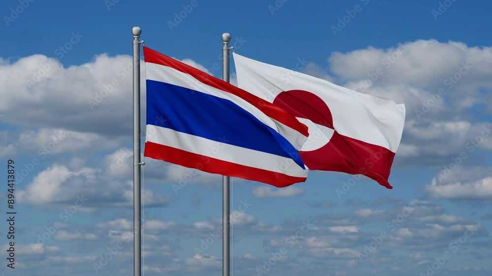 Greenland and Thailand flags flying together, video concept of the relationship, two country relations concept Greenland and Thailand flags flying together, video concept of the relationship, two country relations concept
