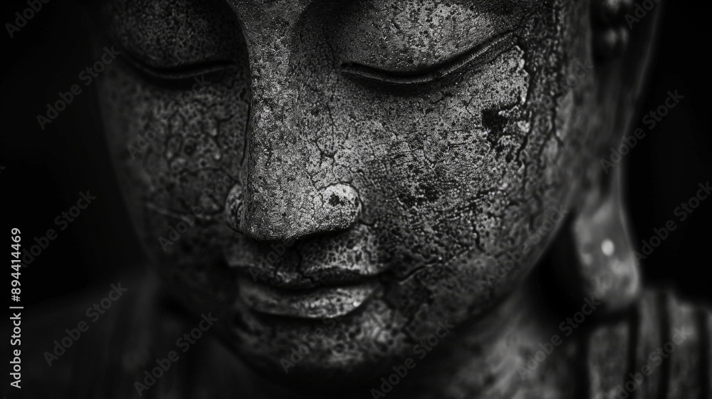 Serene Buddha Portrait in High Definition Photorealism with Chiaroscuro Lighting on Dark Background Serene Buddha Portrait in High Definition Photorealism with Chiaroscuro Lighting on Dark Background