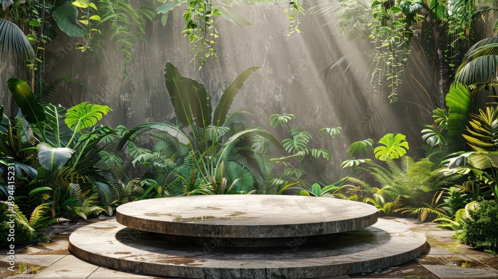Sunlit Tropical Garden with Stone Platform and Lush Greenery in a Serene Outdoor Setting Sunlit Tropical Garden with Stone Platform and Lush Greenery in a Serene Outdoor Setting