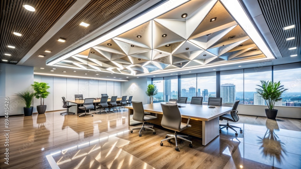 Sleek, modern office interior featuring sharp-angled white geometric stretch ceiling and rows of halogen lights casting dramatic shadows downwards. Sleek, modern office interior featuring sharp-angled white geometric stretch ceiling and rows of halogen lights casting dramatic shadows downwards.