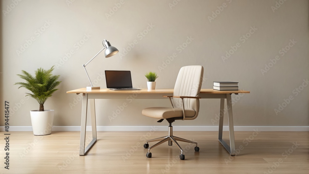 Fototapeta premium A sleek and modern workspace features a vacant chair, a laptop, and a notebook on a minimalist light-colored background.
