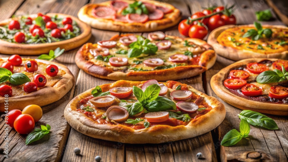 Assorted varieties of savory gourmet pizzas arranged artfully on a rustic wooden table against a blurred background. Assorted varieties of savory gourmet pizzas arranged artfully on a rustic wooden table against a blurred background.