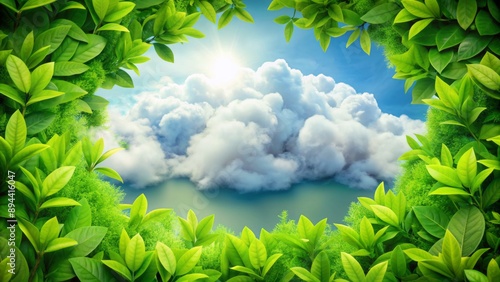 Vibrant green background with fluffy white clouds and lush green leaves, symbolizing eco-friendly environment and reduced carbon emissions. photo