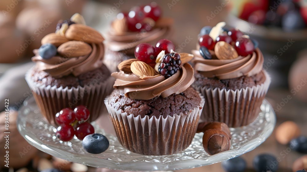 Chocolate cupcakes with icing decorated with nuts Chocolate cupcakes with icing decorated with nuts