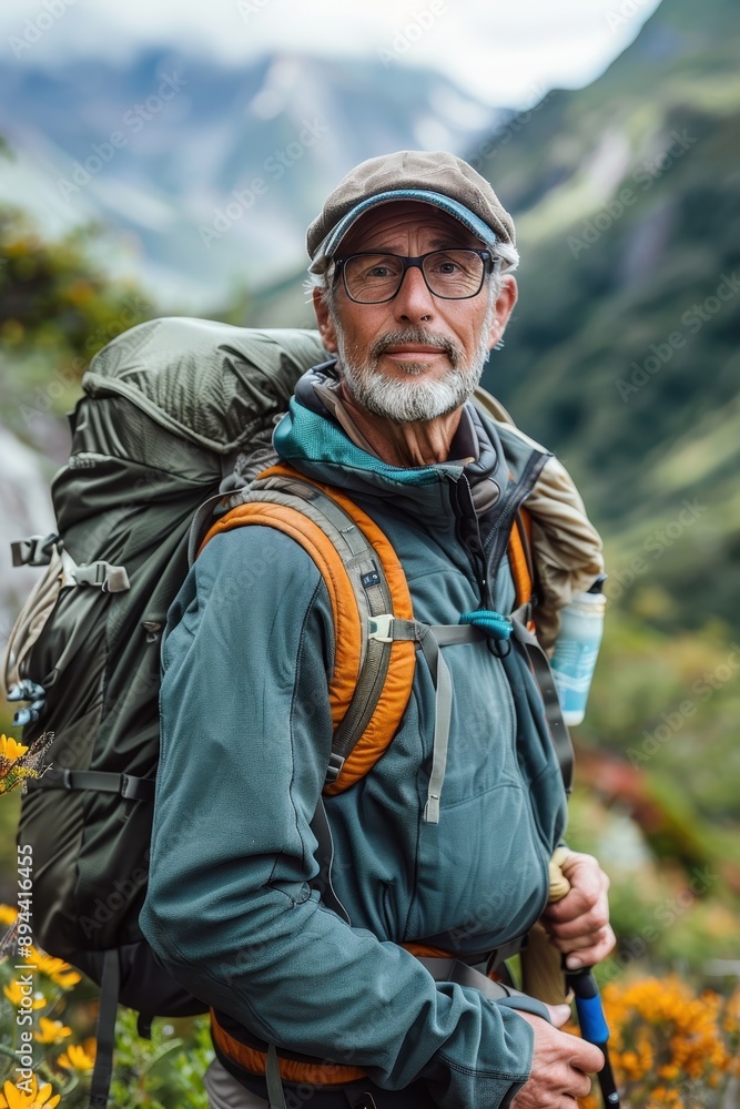 Obraz premium Senior Male Hiker with Backpack in Scenic Mountain Landscape, Wearing Outdoor Gear and Glasses, Ready for Adventure